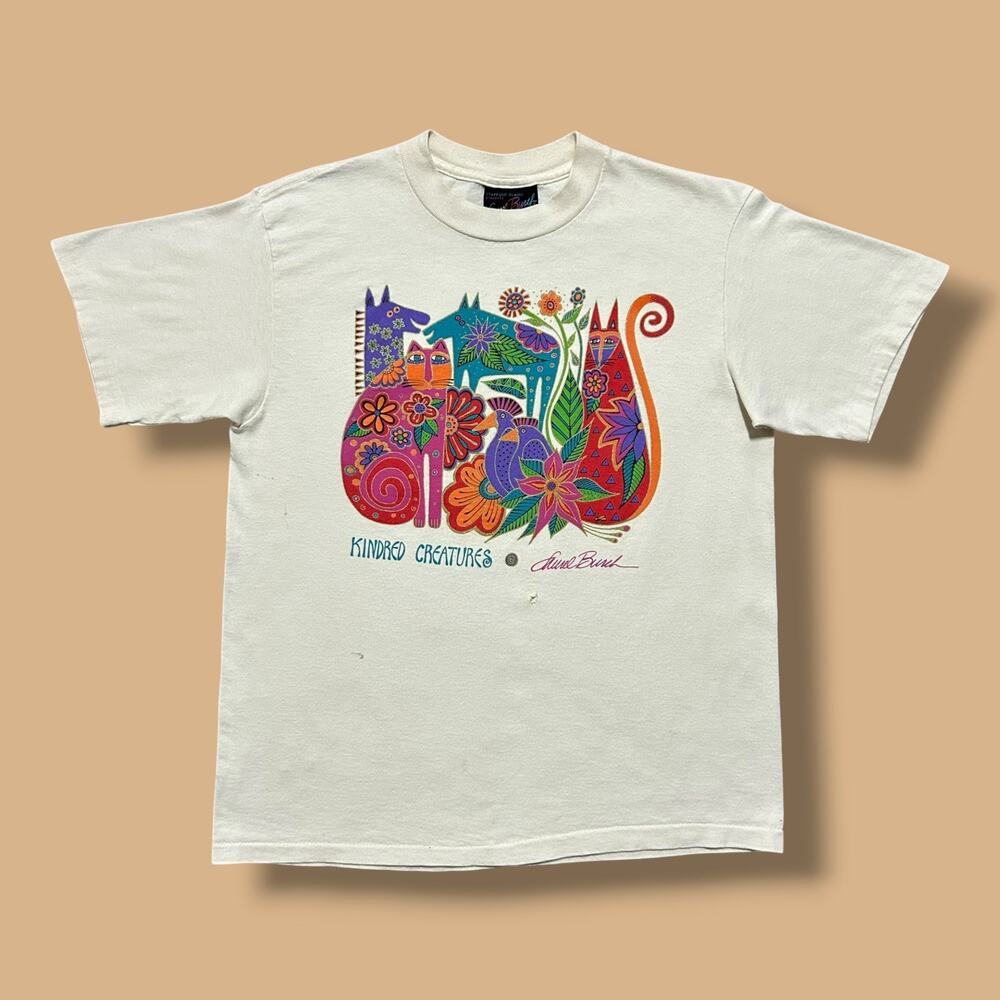 Vintage Laurel Burch Cat Shirt Kindred Creatures Graphic Tee 90s Beige Medium